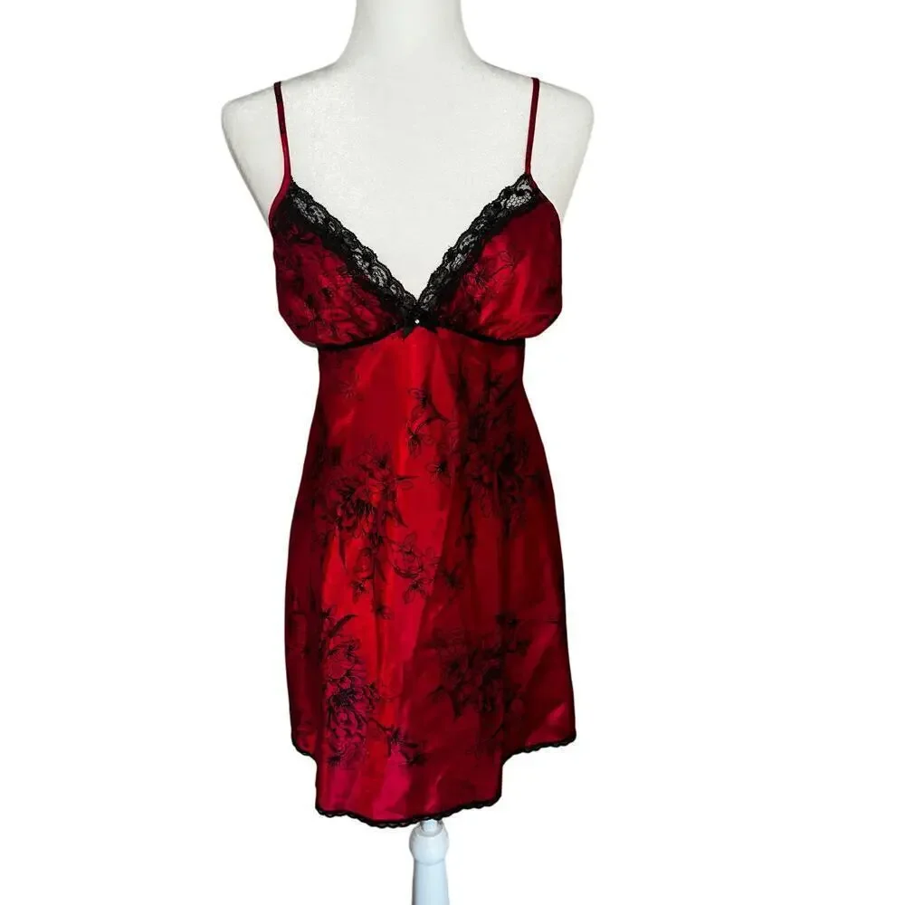 Y2k vintage satin red goth babydoll slip dress sz m
